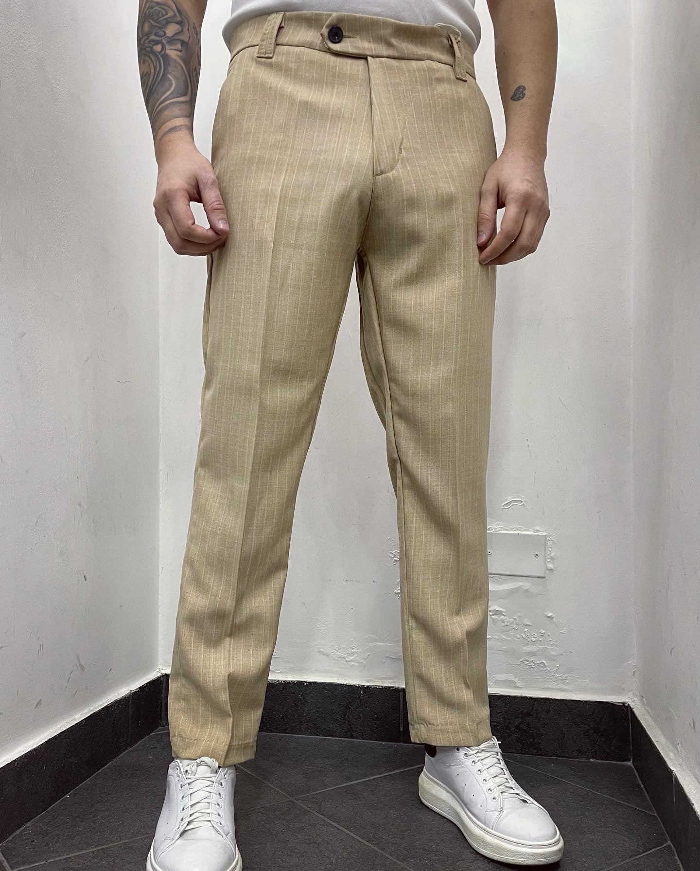 Pantalone gessato sabbia
