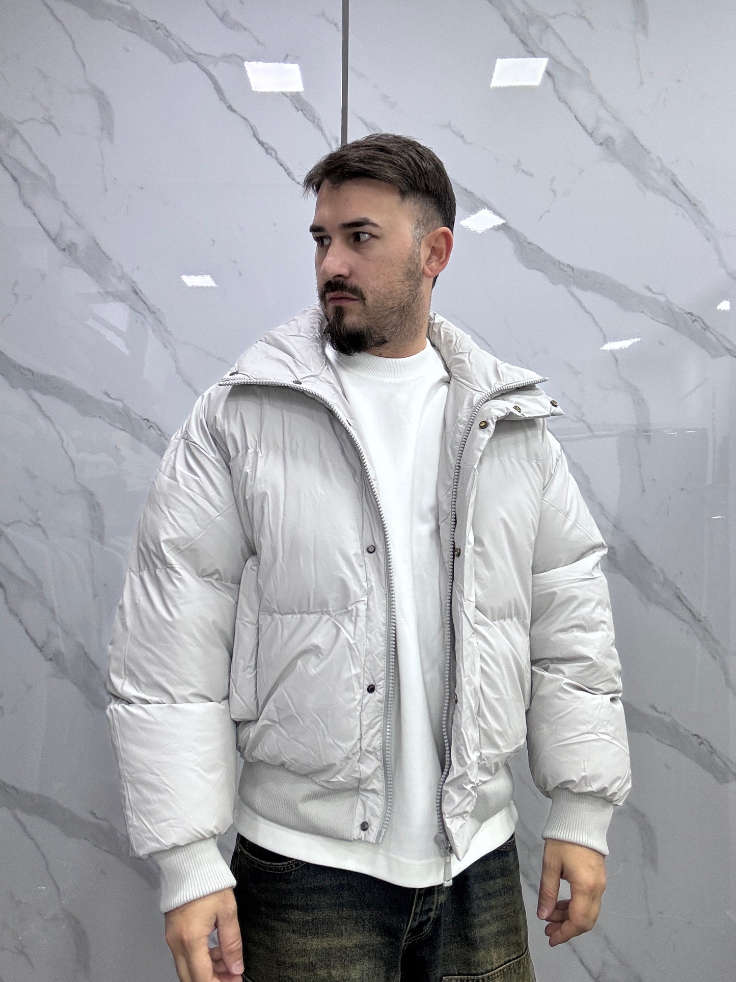 Puffer spalmato crop grey