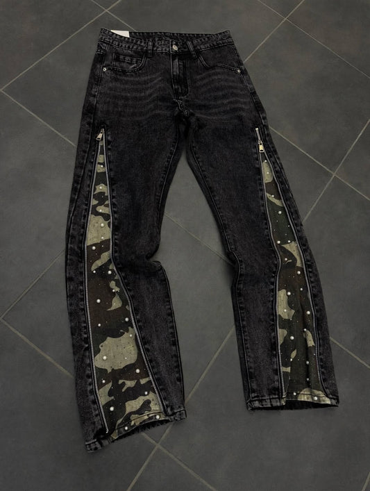 Flared total zip camou brillant